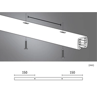 Diagramm zeigt die Montageanleitung für ein längliches Bauteil mit zwei Bohrungen für Schrauben. Abstand zwischen den Löchern beträgt 150 mm.